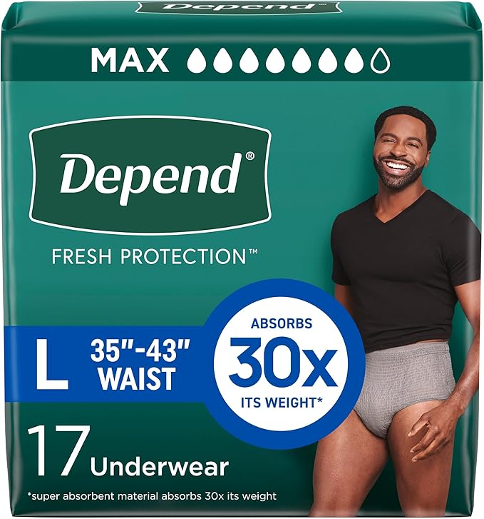 Depend Fresh Protection Adult Diapers, Incontinence Underwear for Men, Disposable, Large, Maximum, Packaging May Vary