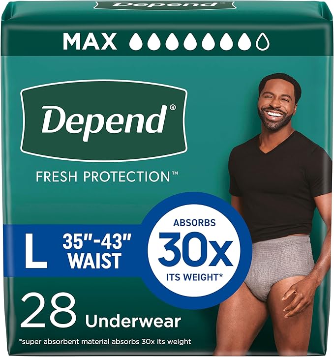 Depend Fresh Protection Adult Diapers, Incontinence Underwear for Men, Disposable, Large, Maximum, Packaging May Vary