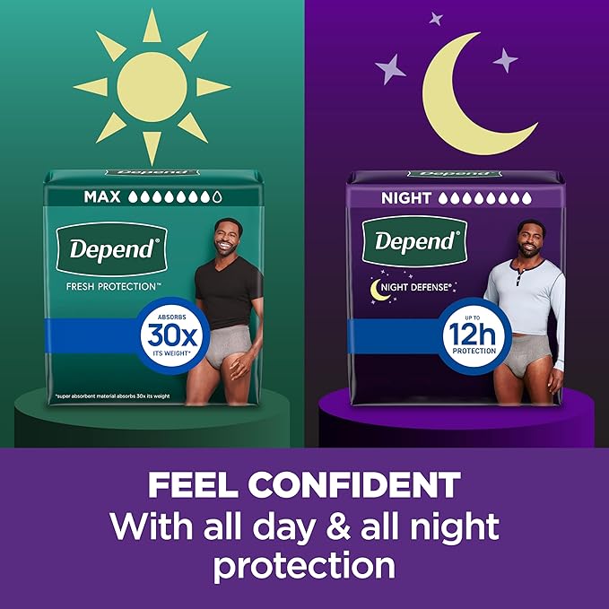 Depend Night Defense Adult Diapers, Incontinence Underwear for Men, Disposable, Overnight, Large, Packaging May Vary