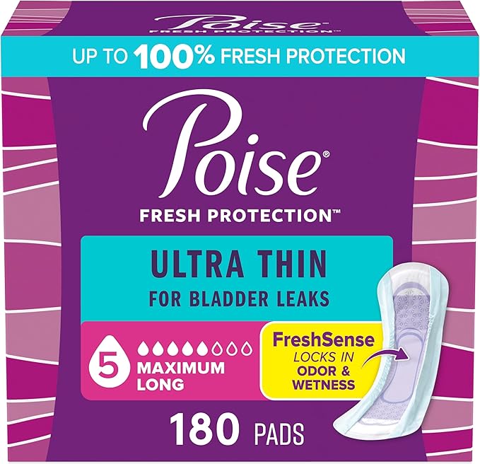Poise Ultra Thin Incontinence Pads & Postpartum Pads for Bladder Leaks, 5 Drop Maximum Absorbency, Long Length, Packaging May Vary