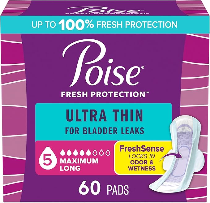 Poise Ultra Thin Incontinence Pads & Postpartum Pads for Bladder Leaks, 5 Drop Maximum Absorbency, Long Length, Packaging May Vary