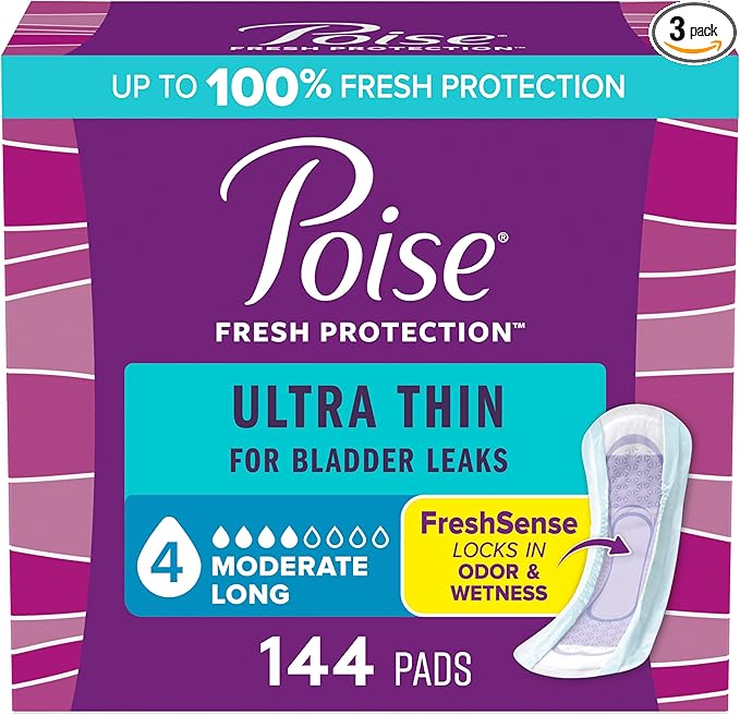 Poise Ultra Thin Incontinence Pads & Postpartum Pads for Bladder Leaks, 4 Drop Moderate Absorbency, 144 Count, Packaging May Vary