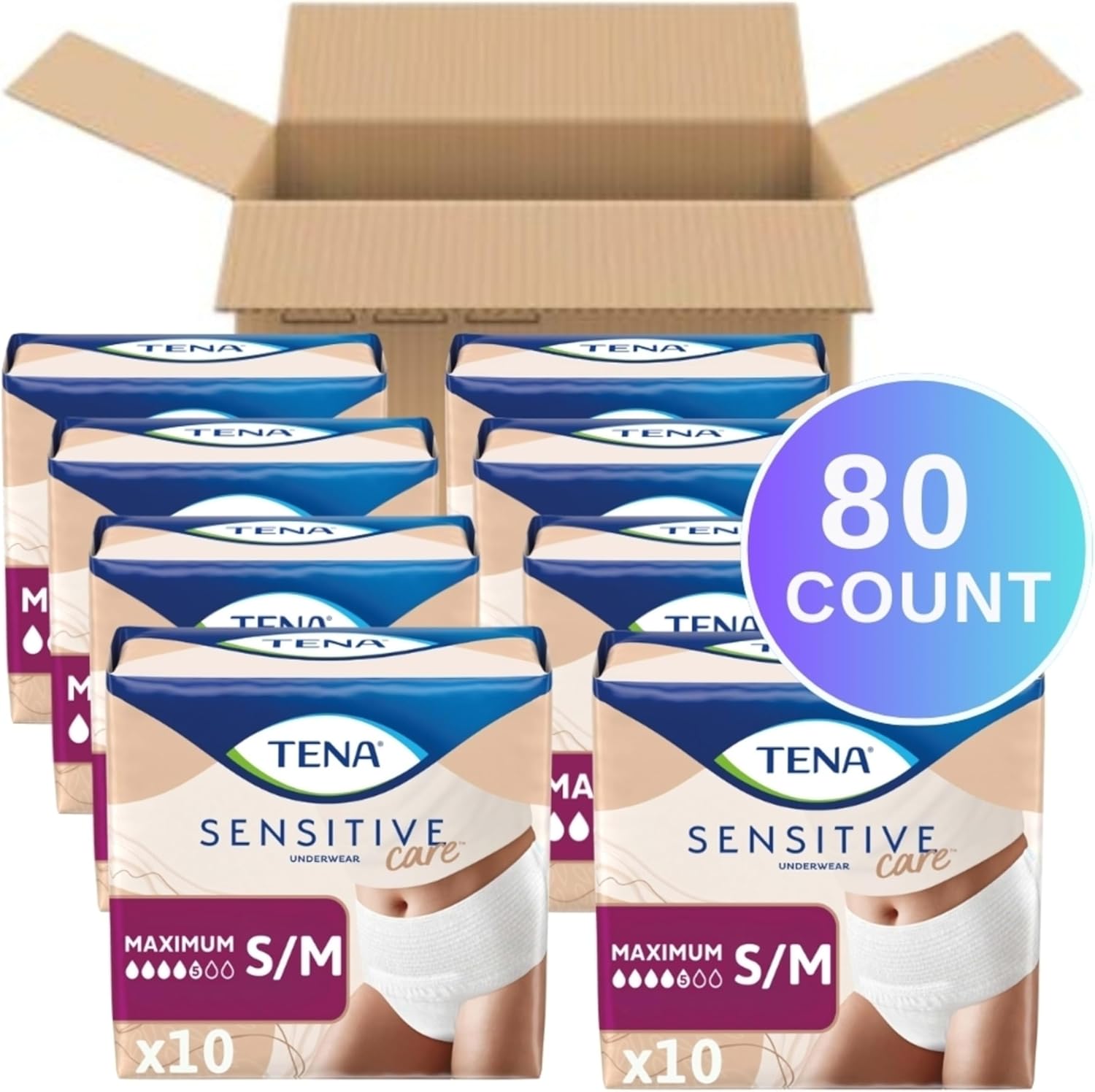TENA Sensitive Care Adult Incontinence Underwear for Women, Maximum, Small/Medium, White, Disposable, 80 Count (8 Packs of 10)