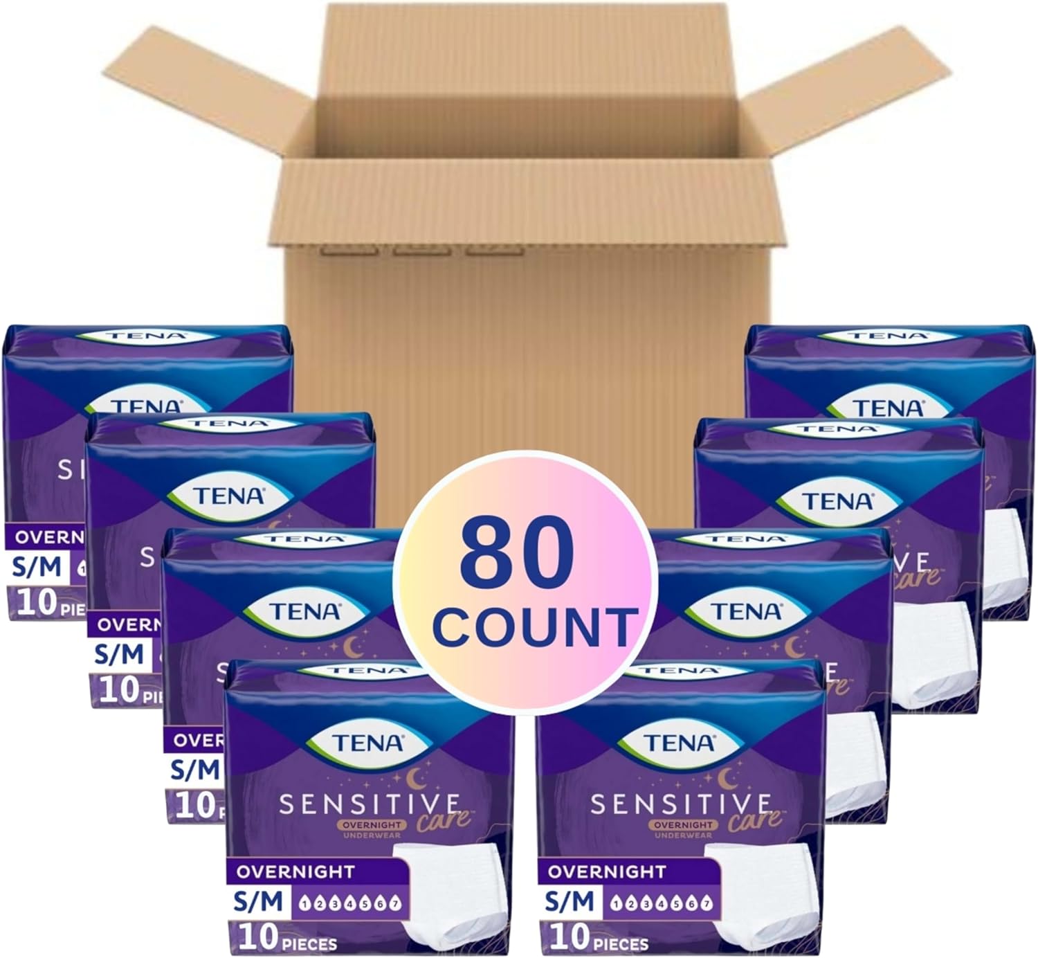 TENA Sensitive Care Overnight Incontinence Underwear for Women, Bladder Control and Postpartum, Small/Medium, 80 Count (Waist Size: 25in-35in)