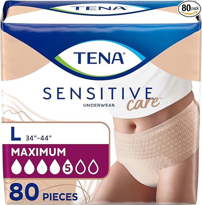 TENA Sensitive Care Adult Incontinence Underwear for Women, Maximum, L, 80 Count (Waist Size 34in-44in)