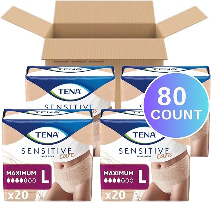 TENA Sensitive Care Adult Incontinence Underwear for Women, Maximum, L, 80 Count (Waist Size 34in-44in)