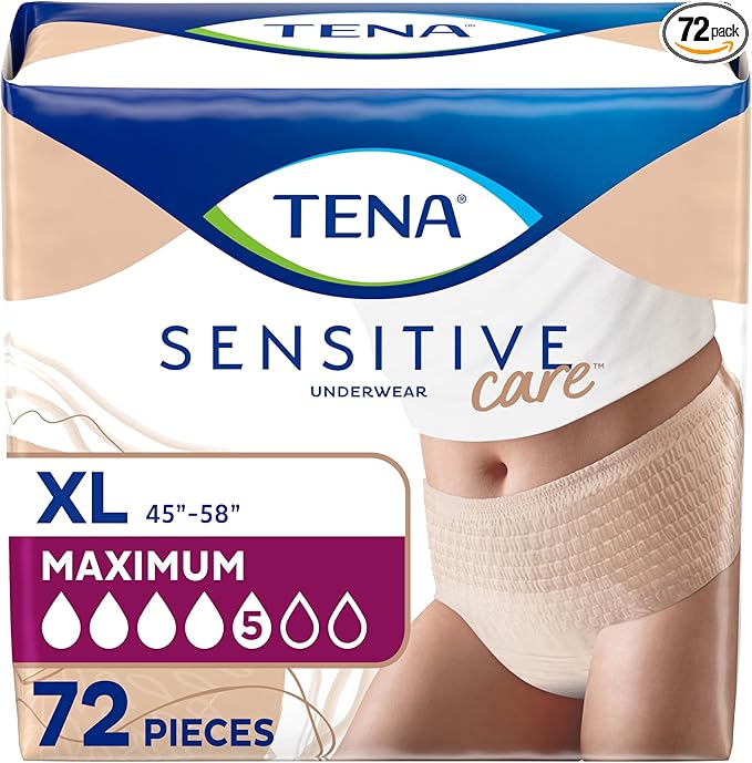 TENA Sensitive Care Adult Incontinence Underwear for Women, Maximum, XL, 72 Count (Waist Size 45in-58in)