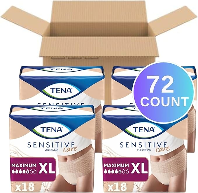 TENA Sensitive Care Adult Incontinence Underwear for Women, Maximum, XL, 72 Count (Waist Size 45in-58in)