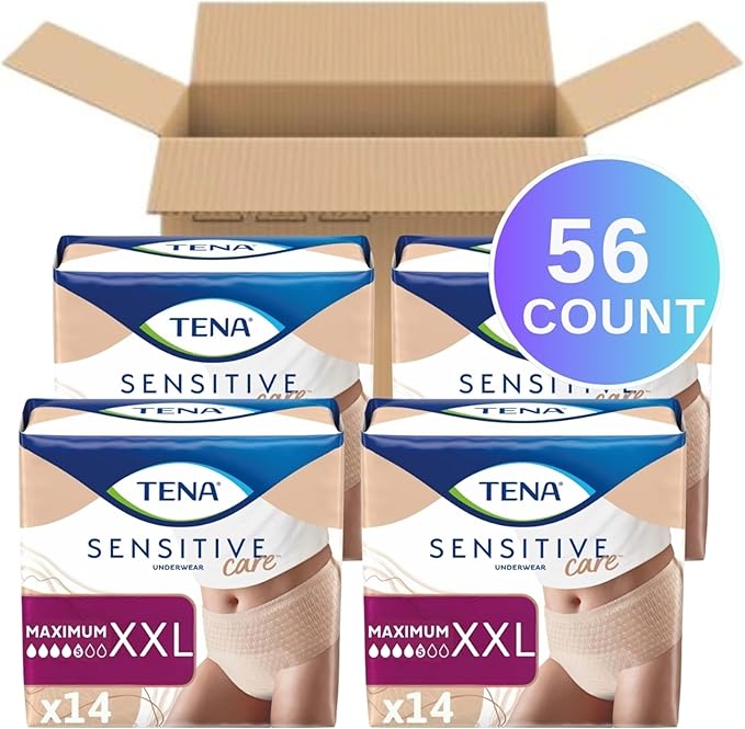 TENA Sensitive Care Adult Maximum Incontinence Underwear for Women, XXL, 56 Count (Waist Size 55in-66in)