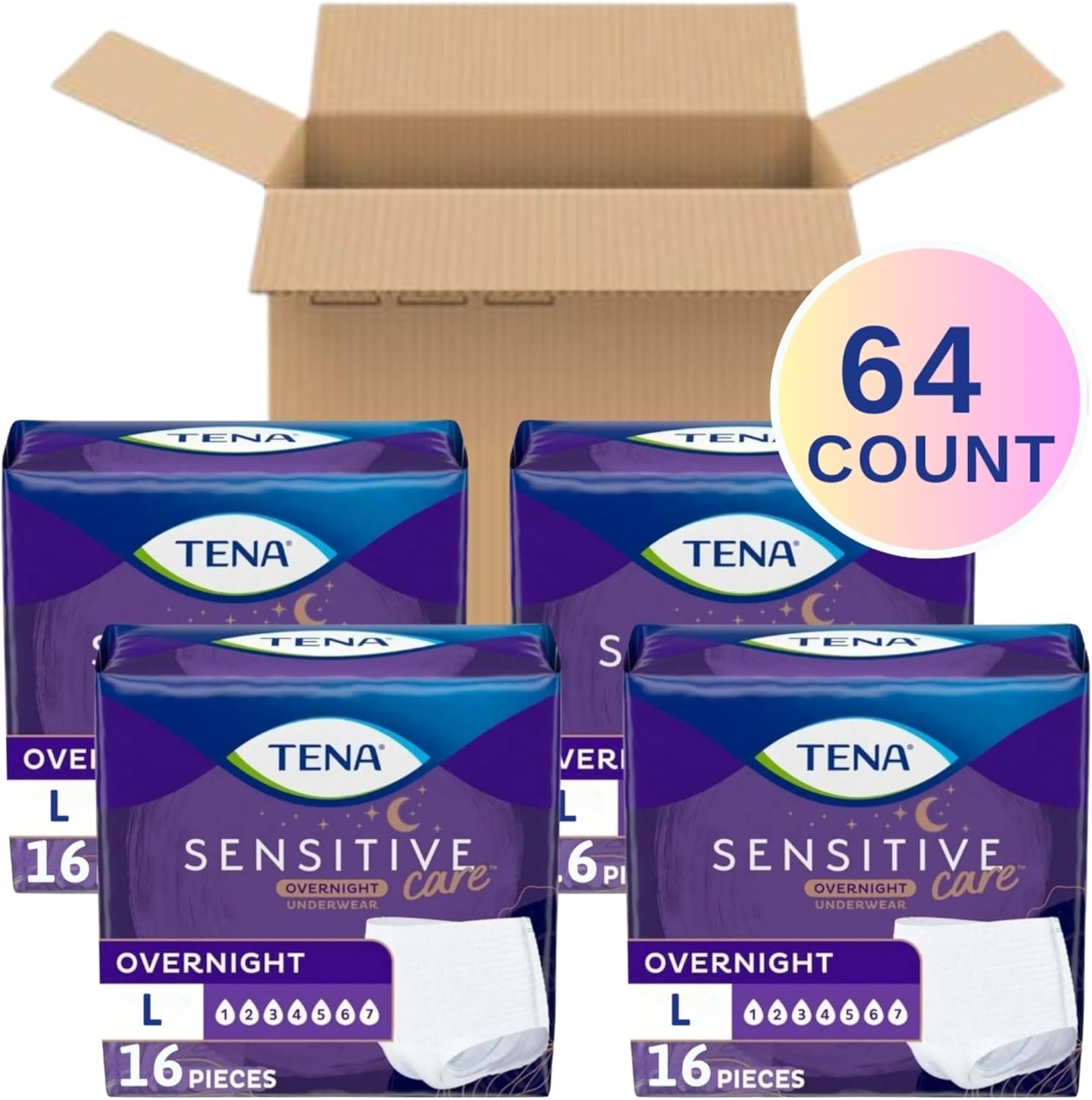 TENA Sensitive Care Overnight Incontinence Underwear for Women, Bladder Control, Postpartum, L, 64 Count (Waist size 32in-42in)