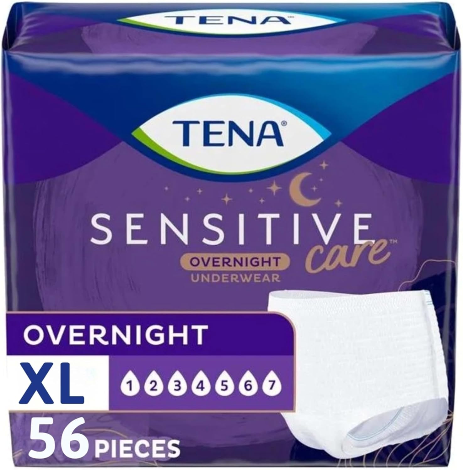 TENA Sensitive Care Overnight Incontinence Underwear for Women, Bladder Control and Postpartum, Extra Large, 56 Count (Waist Size 39in-52in)