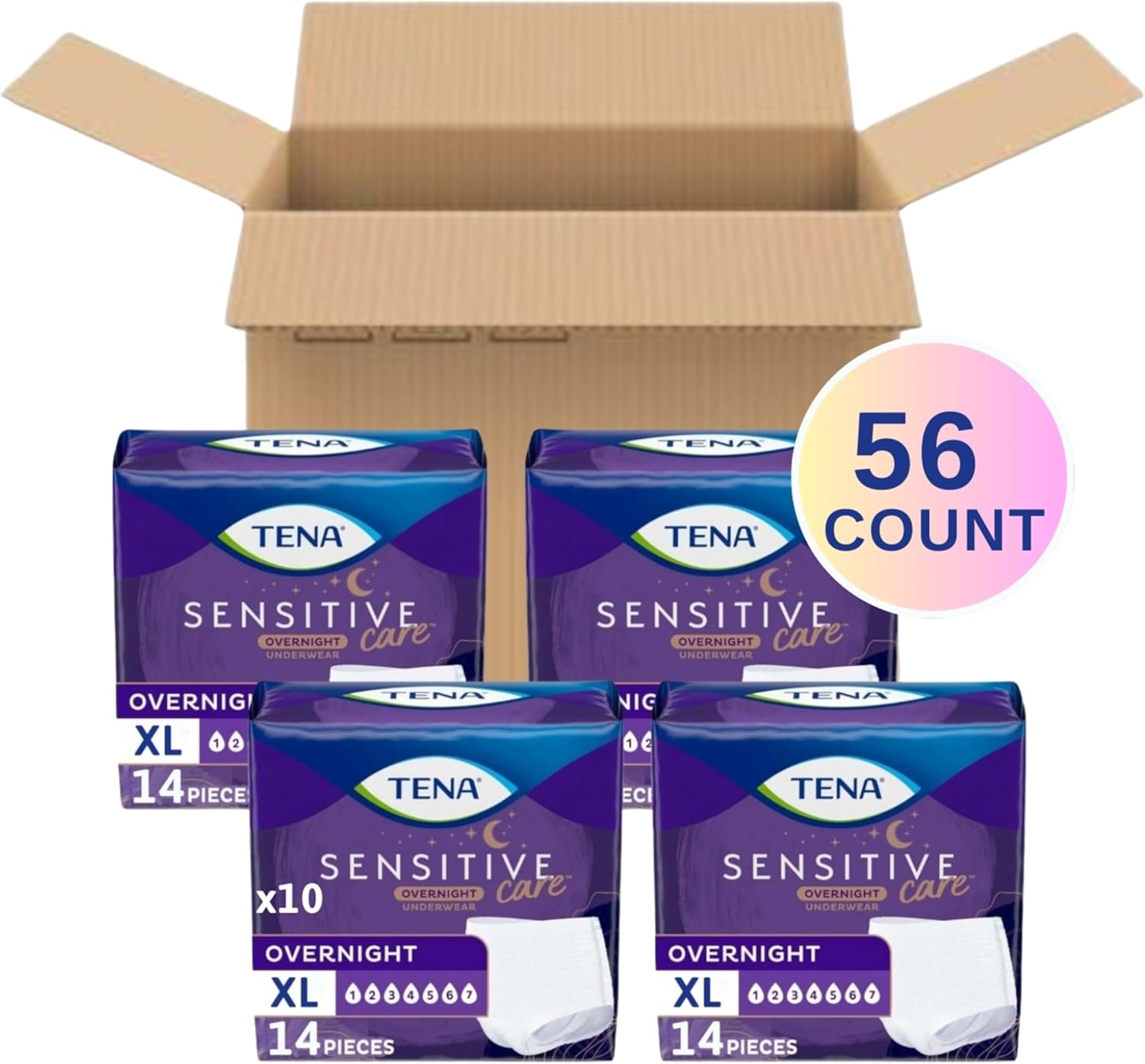 TENA Sensitive Care Overnight Incontinence Underwear for Women, Bladder Control and Postpartum, Extra Large, 56 Count (Waist Size 39in-52in)