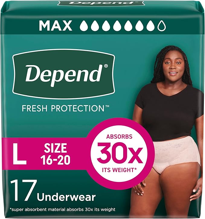 Depend Fresh Protection Adult Diapers, Incontinence & Postpartum Bladder Leak Underwear for Women, Disposable, Maximum, Large, Blush, Packaging May Vary