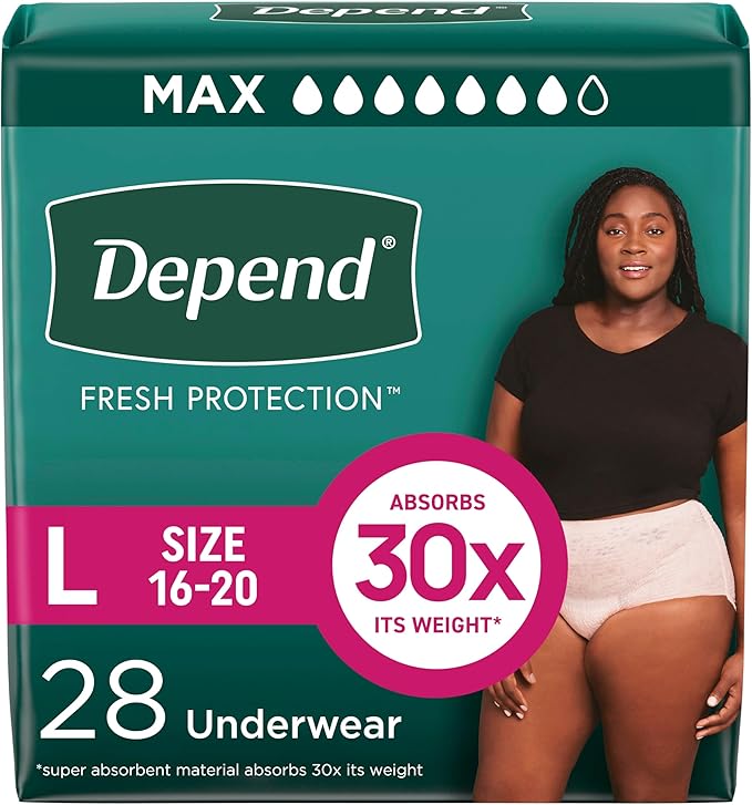 Depend Fresh Protection Adult Diapers, Incontinence & Postpartum Bladder Leak Underwear for Women, Disposable, Maximum, Large, Blush, Packaging May Vary