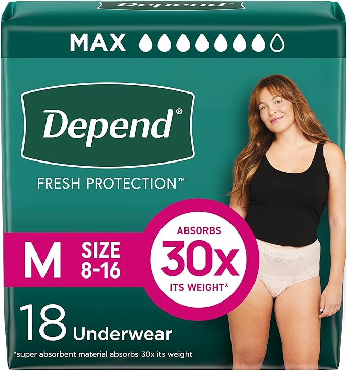 Depend Fresh Protection Adult Diapers, Incontinence & Postpartum Bladder Leak Underwear for Women, Disposable, Maximum, Medium, Blush, Packaging May Vary