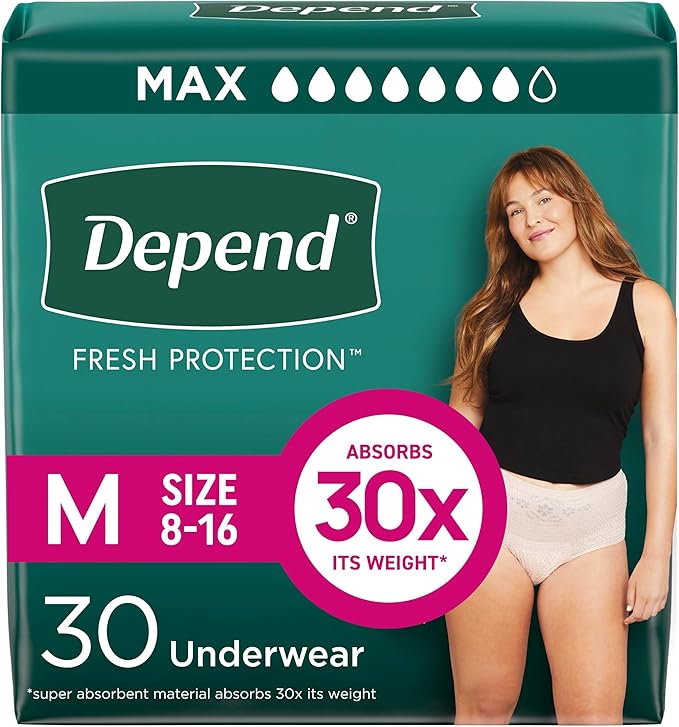 Depend Fresh Protection Adult Diapers, Incontinence & Postpartum Bladder Leak Underwear for Women, Disposable, Maximum, Medium, Blush, Packaging May Vary
