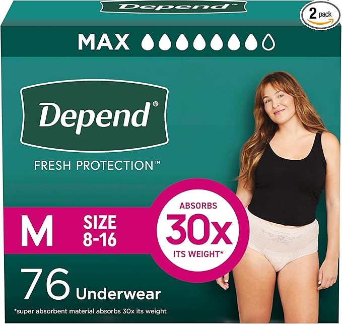 Depend Fresh Protection Adult Diapers, Incontinence & Postpartum Bladder Leak Underwear for Women, Disposable, Maximum, Medium, Blush, Packaging May Vary