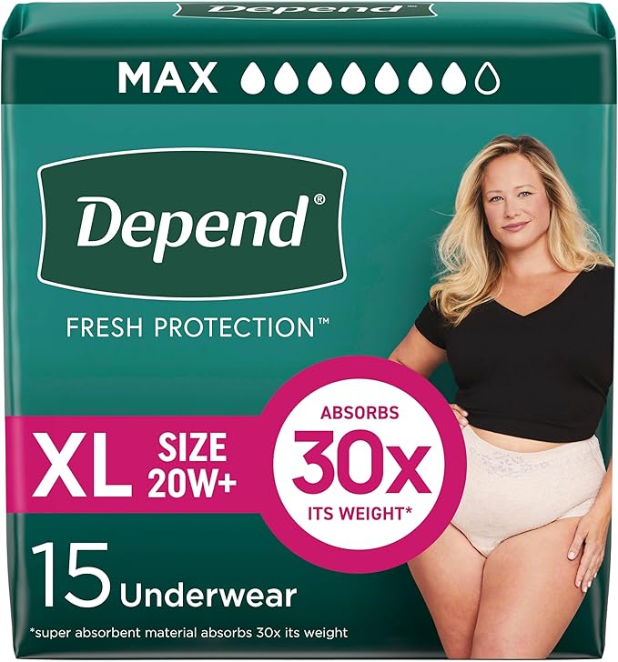Depend Fresh Protection Adult Diapers, Incontinence & Postpartum Bladder Leak Underwear for Women, Disposable, Maximum, Extra-Large, Blush, Packaging May Vary
