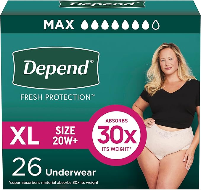 Depend Fresh Protection Adult Diapers, Incontinence & Postpartum Bladder Leak Underwear for Women, Disposable, Maximum, Extra-Large, Blush, Packaging May Vary