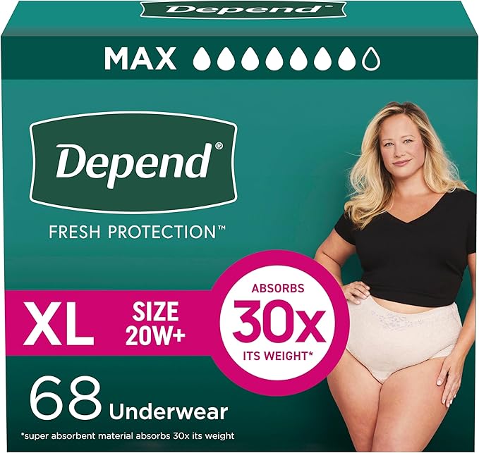 Depend Fresh Protection Adult Diapers, Incontinence & Postpartum Bladder Leak Underwear for Women, Disposable, Maximum, Extra-Large, Blush, Packaging May Vary